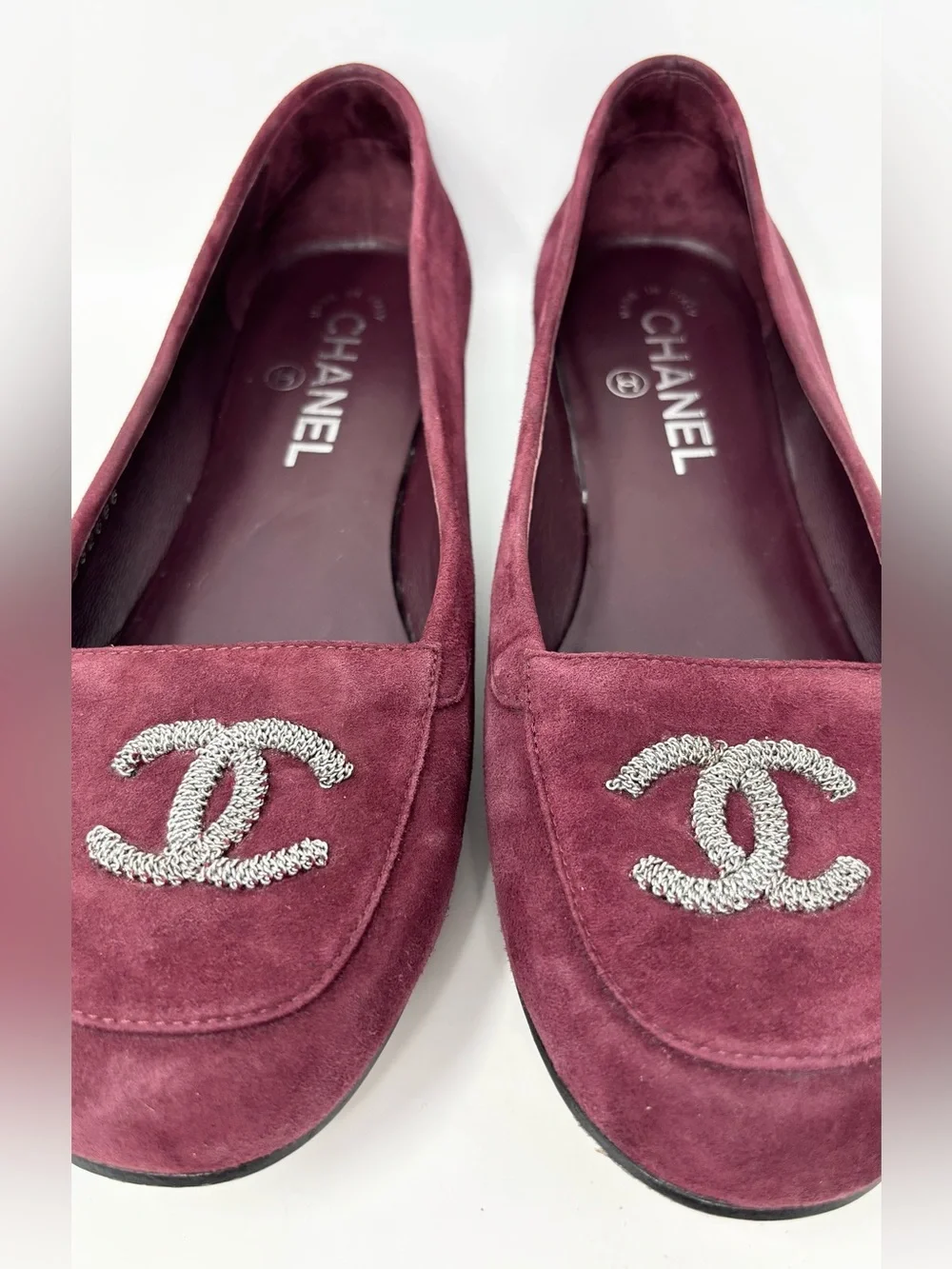 Chanel CC Logo Suede Loafers Burgundy Size 37 Size US 7